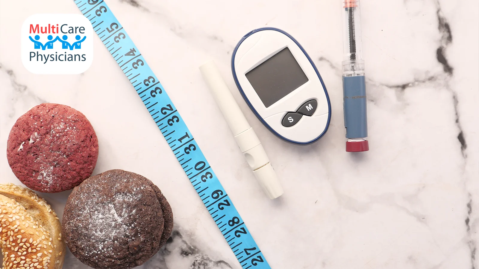 A diabetes monitoring setup featuring a glucose meter, insulin pen, syringe, and sugary baked goods next to a measuring tape. MultiCare Physicians educates patients on food diabetics should avoid, emphasizing the importance of limiting high-carb and sugary foods.